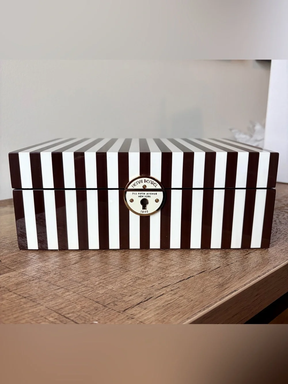 henri bendel Brown and White Striped Jewelry Box with Gold Lock Accent